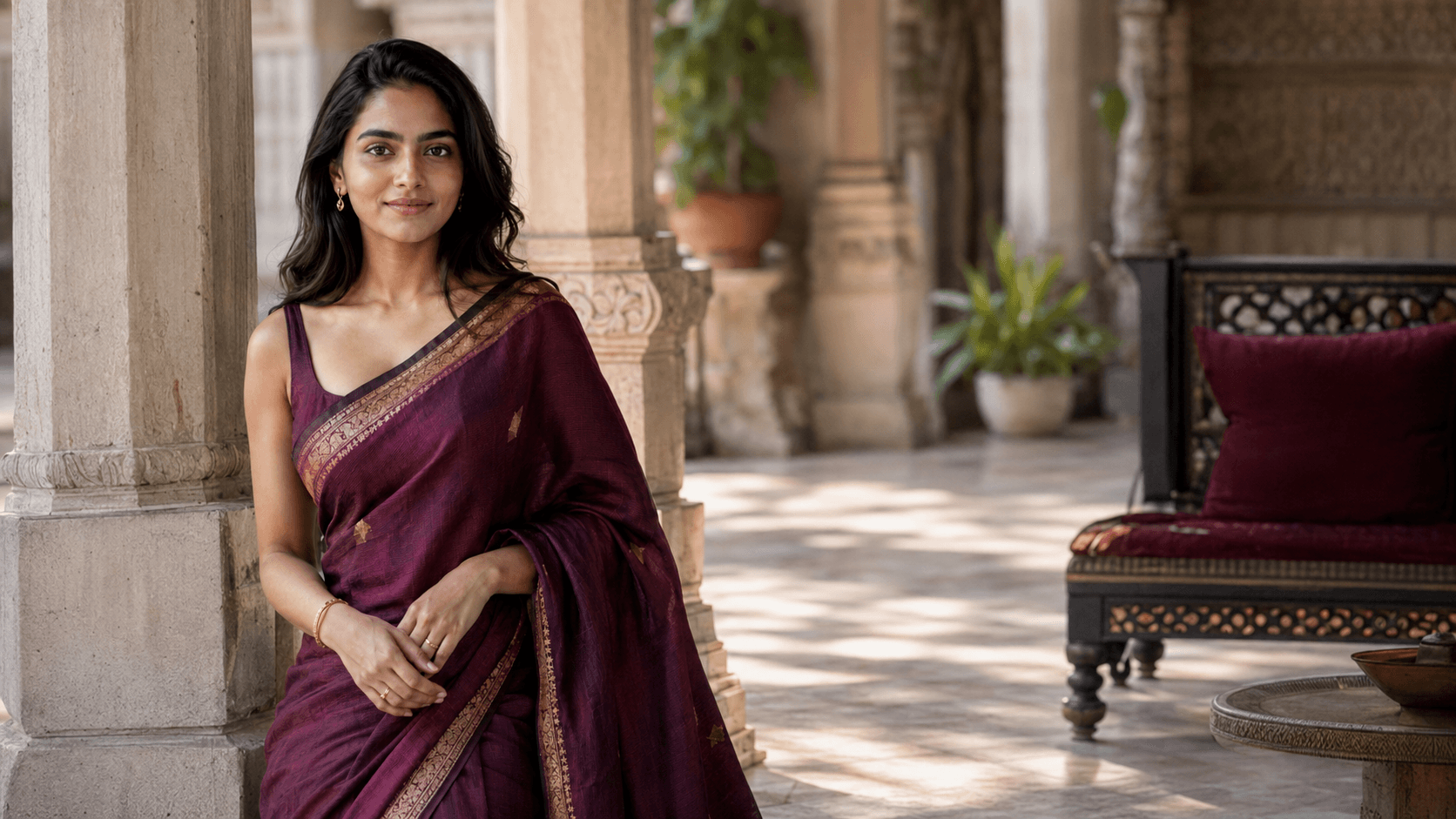 A confident young Indian woman in a handwoven sari representing contemporary Indian quiet luxury