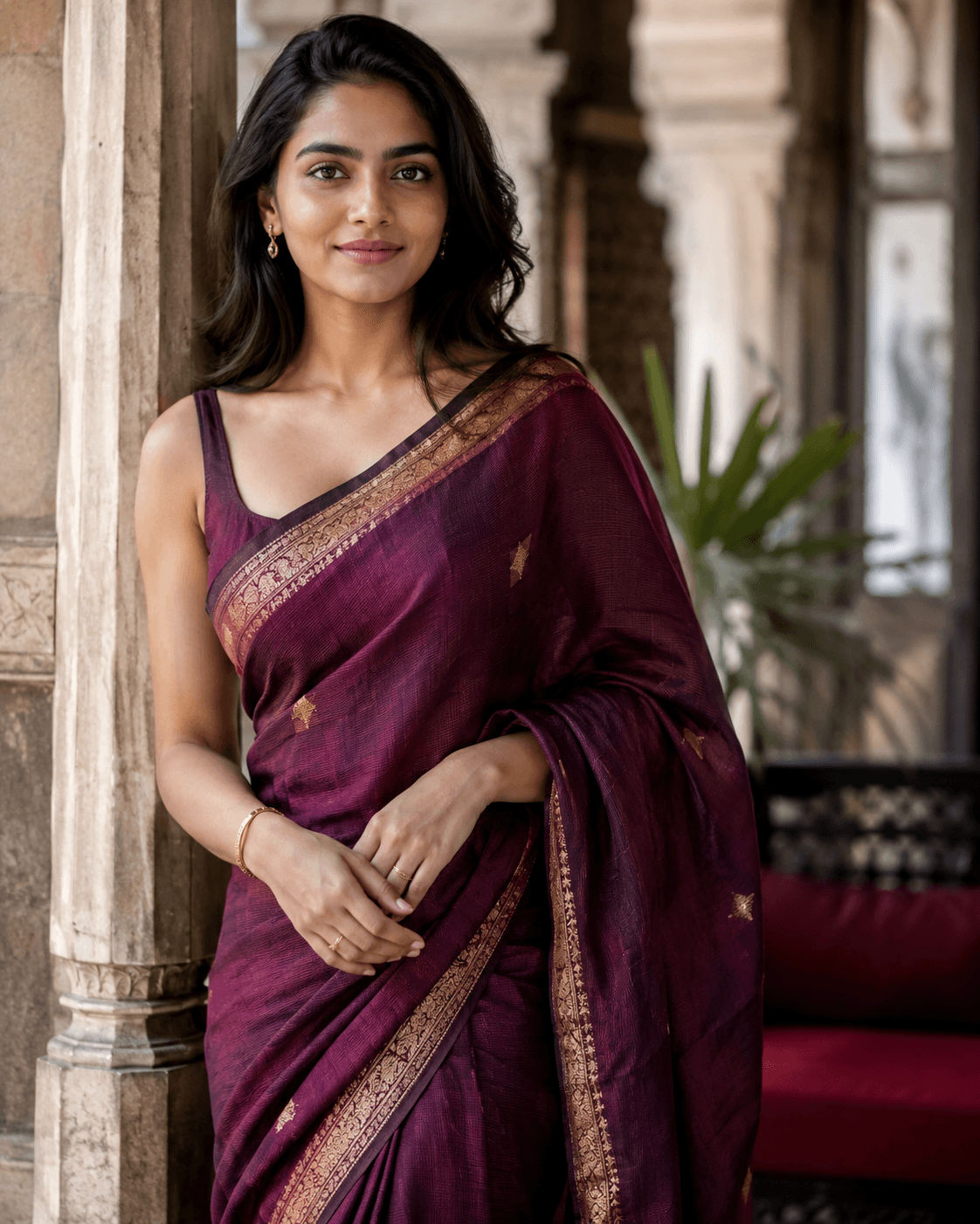 A confident young Indian woman wearing a handwoven wine-coloured sari in a refined heritage interior