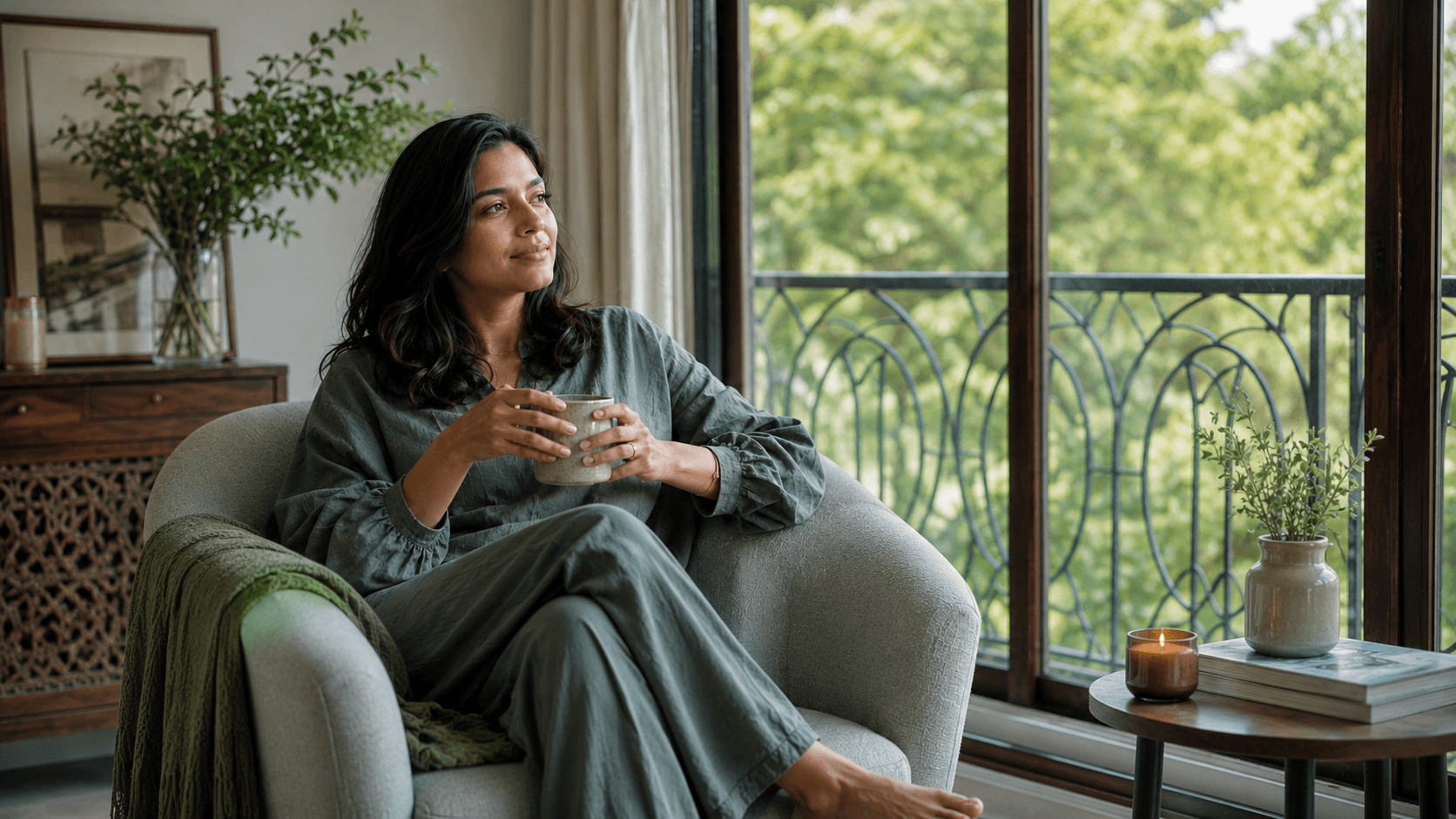 An Indian woman enjoying a quiet moment of rest beside a window