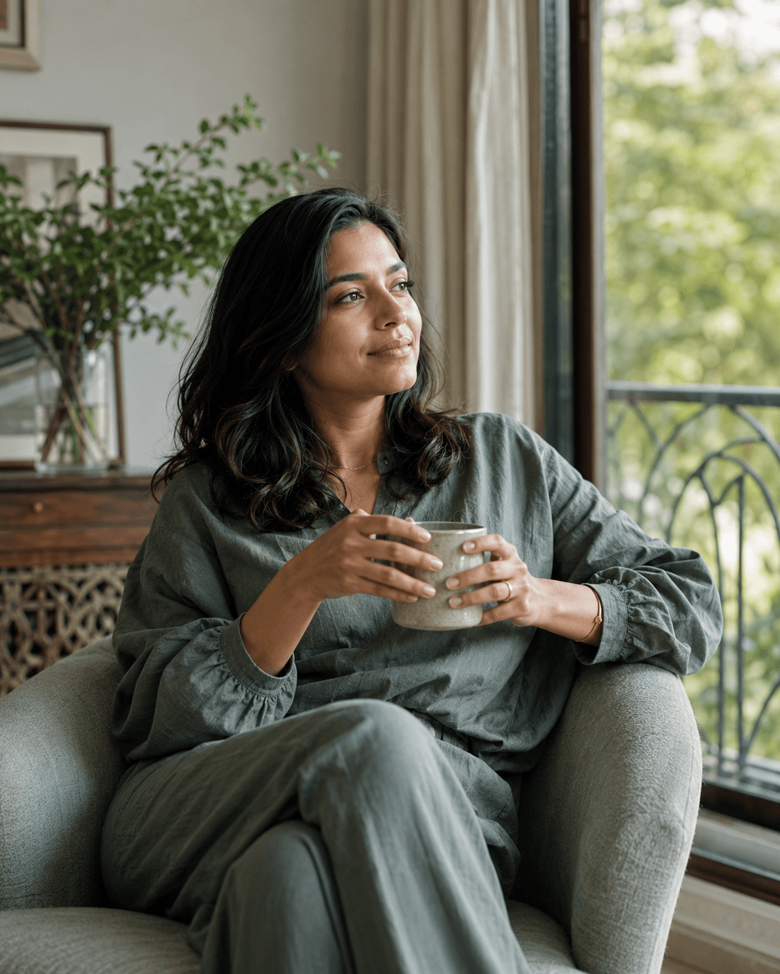 An Indian woman resting quietly beside a window with a warm drink