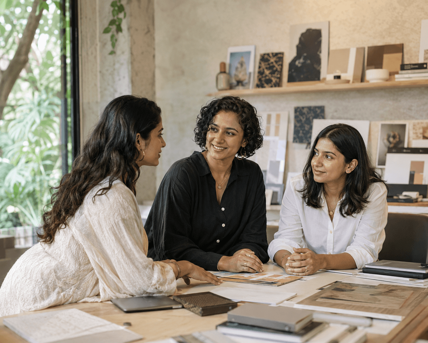 Three Indian women collaborating in a contemporary creative design studio