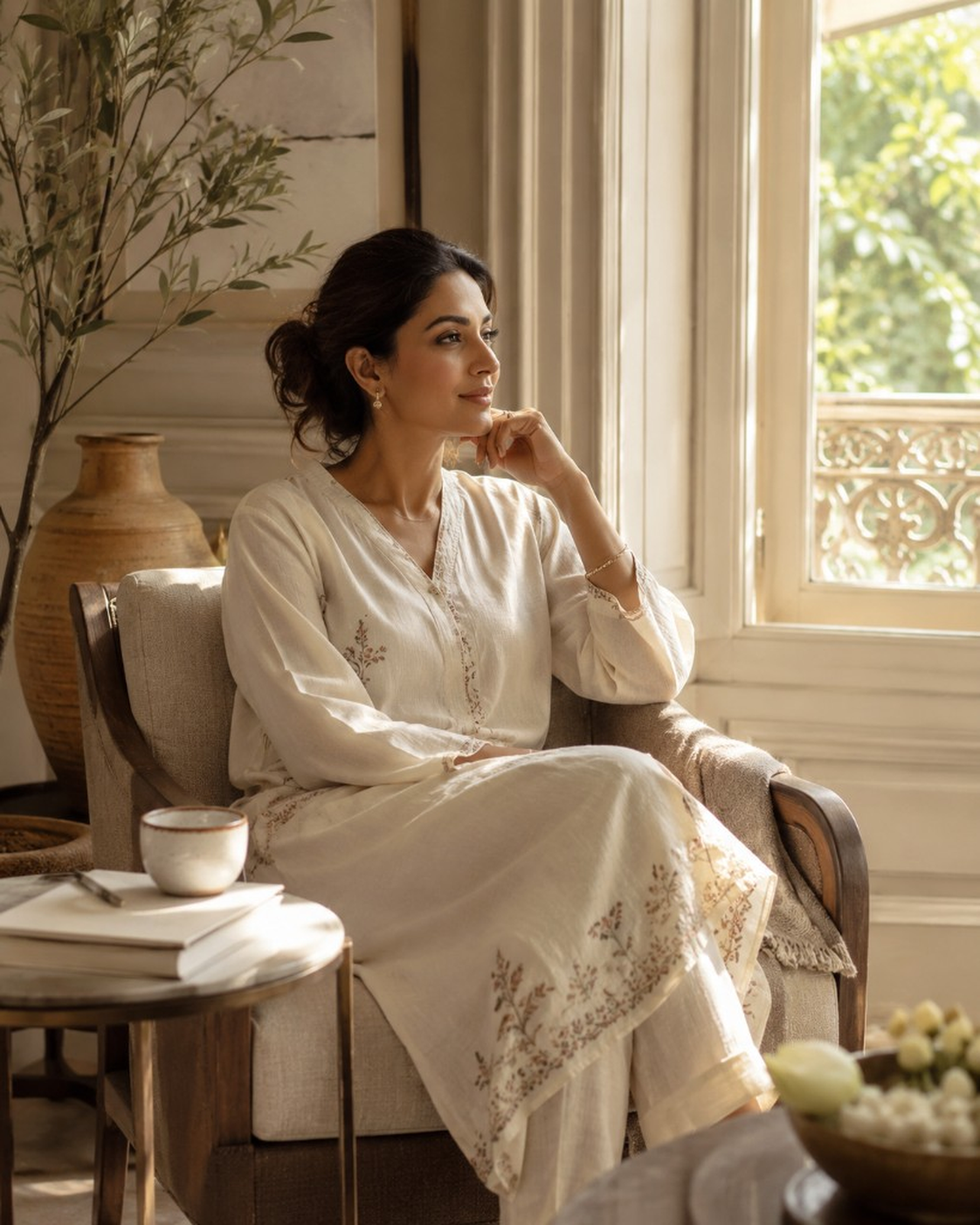 An Indian woman in cream embroidered attire relaxing in a sunlit living room, embodying calm, ease and the softer pace of modern life.