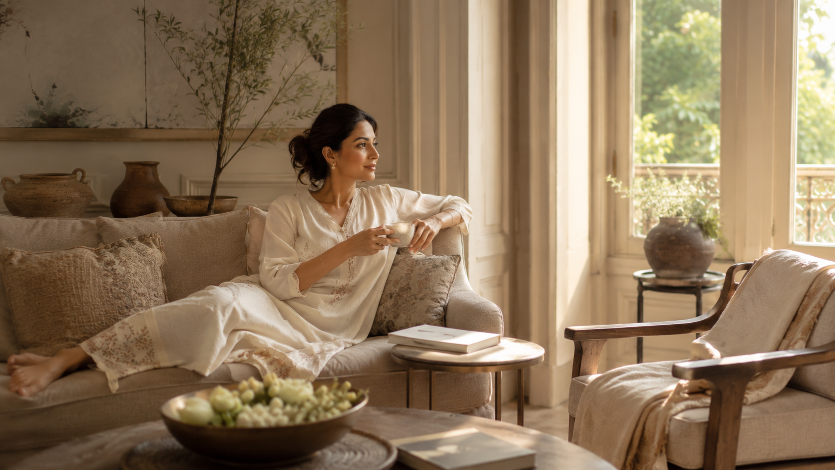An Indian woman in cream embroidered attire relaxing in a sunlit living room, embodying calm, ease and the softer pace of modern life.